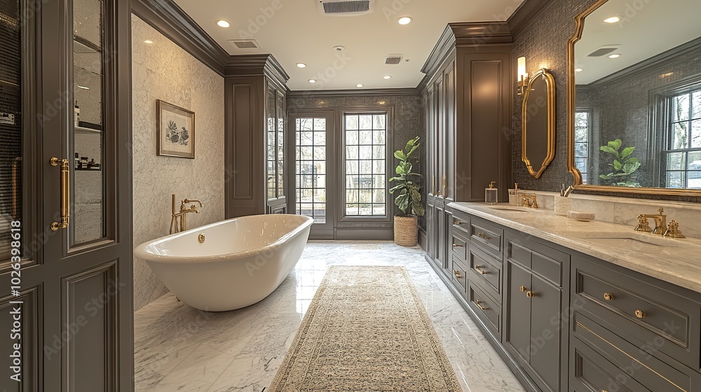 Fototapeta premium Luxurious Bathroom Design with Freestanding Tub, Walk-In Shower, and Double Vanity