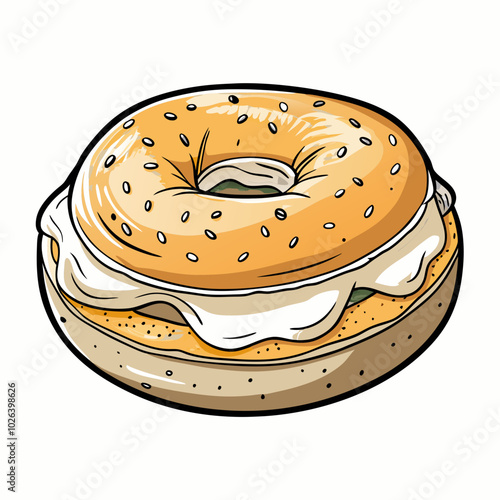 Hand-Drawn Bagel with Cream Cheese on White Background. Perfect for: Breakfast events, Brunch gatherings, Office mornings