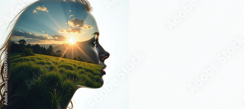 The silhouette of a female head depicting a calm and relaxed landscape, relaxation exercises, stress management and positive thinking photo