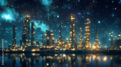 A futuristic petrochemical plant, with gleaming columns and tanks against a starry night sky.