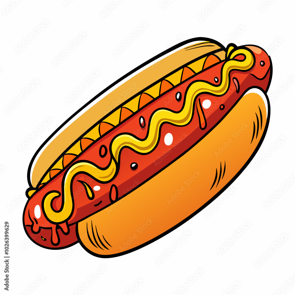 Hand-Drawn Hot Dog with Ketchup, Mustard, and Onions. Perfect for: Summer festivals, BBQ parties, Sports events, Street food Hand-Drawn Hot Dog with Ketchup, Mustard, and Onions. Perfect for: Summer festivals, BBQ parties, Sports events, Street food