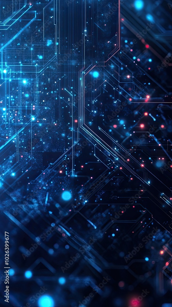 Fototapeta premium Abstract blue technology background featuring glowing lights and circuit patterns for digital design projects.