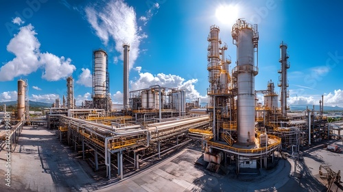 A panoramic shot of a sprawling petrochemical plant with enormous distillation columns and tanks under a bright blue sky.