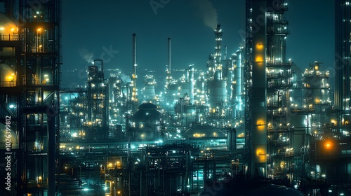 Wallpaper Mural A nighttime shot of a massive petrochemical plant with towering columns and tanks illuminated by industrial lights. Torontodigital.ca