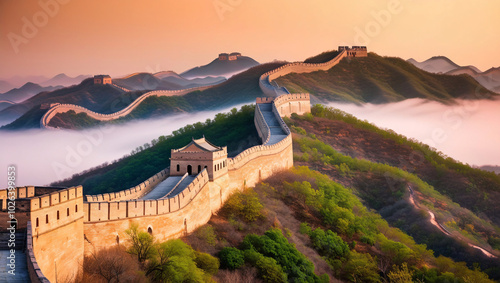 The Great Wall of China winds majestically through the mountains, beautifully illustrated in a photostock image on a light cream background
