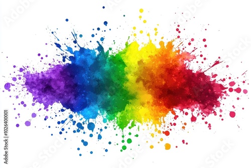 Colorful paint splash in vibrant rainbow hues on a white background.