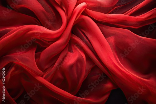 Elegant red fabric drapes in a swirl, capturing light and shadow with a sensual, flowing texture.