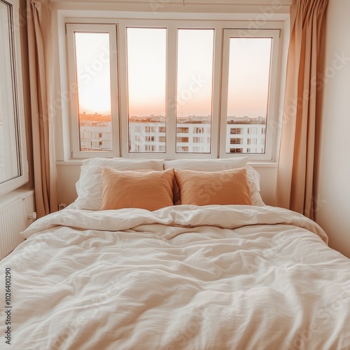 Cozy bedroom with a bed and sunset view through large windows.