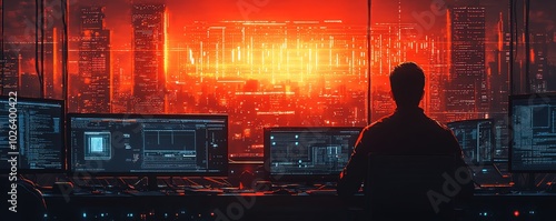 Dynamic scene of a man programming in a cybersecurity environment, emphasizing his role in protecting networks and combating malware threats photo