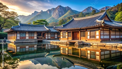 Traditional Korean house building with a reflective roof overlooking the mountains