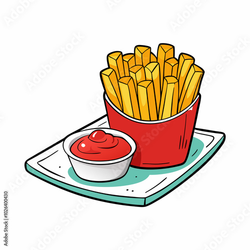 Hand-Drawn French Fries with Ketchup. Perfect for: casual dining, fast food events, picnics