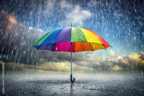 Colorful umbrella against grey sky with raindrops falling