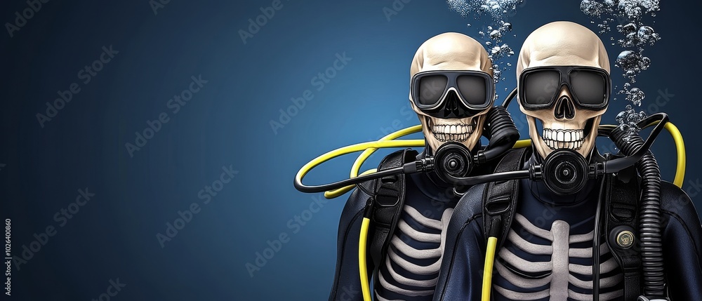 Two skeletons wearing scuba gear and goggles Two skeletons wearing scuba gear and goggles
