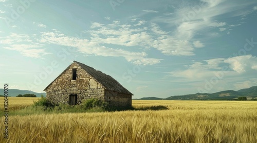 Ancient stone barn amidst vast fields of wheat