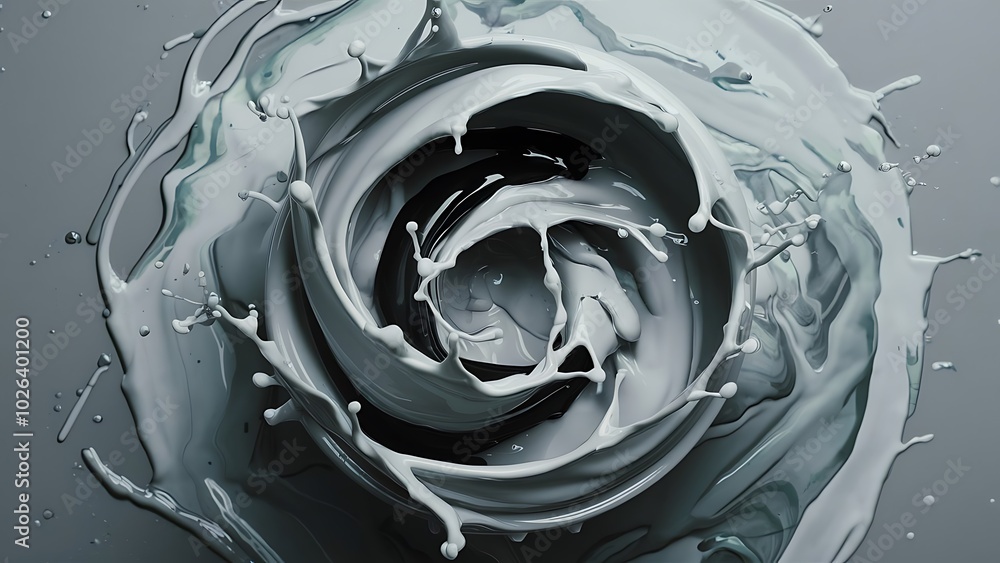 Close up view of mixing of light gray and black paints splashes in water isolated on gray Close up view of mixing of light gray and black paints splashes in water isolated on gray