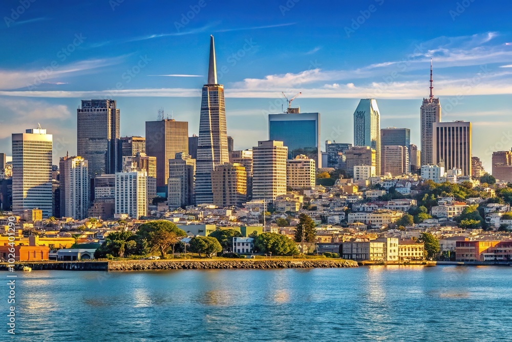 Fototapeta premium Wide panoramic view of San Francisco skyline with downtown buildings across the bay