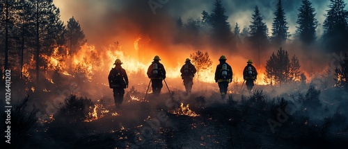 Group of firefighters navigating the aftermath of a forest fire, showcasing their vital role in combating natural disasters linked to climate change