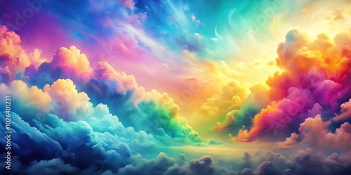 colorful watercolor background of abstract sunset sky with puffy clouds in bright rainbow colors