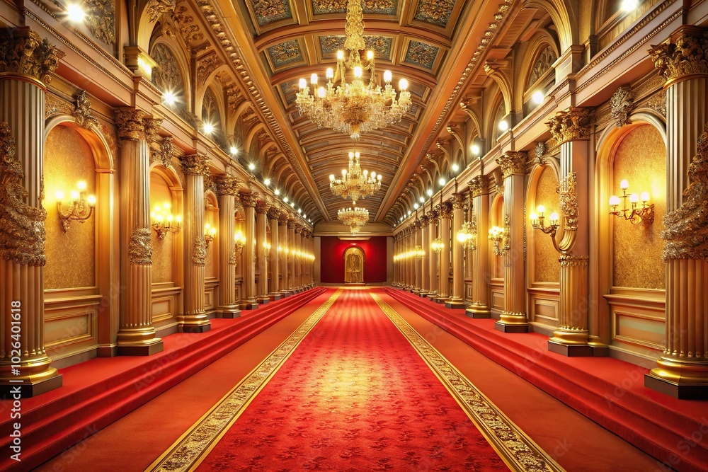 Obraz premium Ornate golden hall with red carpet and bright lights