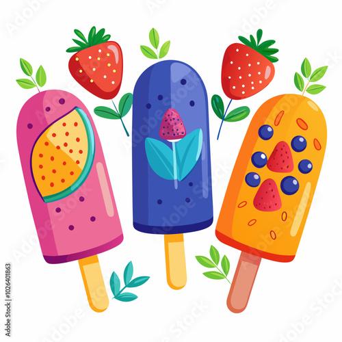 Hand-Drawn Colorful Fruit Popsicles in Summer Flavors. Perfect for: summer events, beach picnics, family gatherings