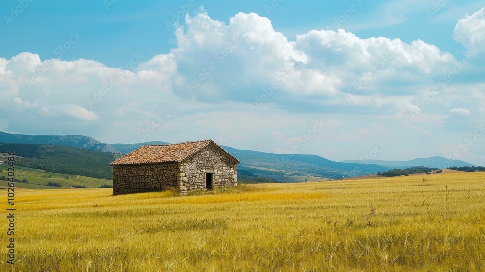 Ancient stone barn amidst vast fields of wheat Ancient stone barn amidst vast fields of wheat