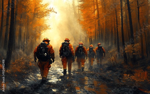 Realistic portrayal of firefighters walking in a postfire forest, illustrating their efforts in natural disaster recovery and climate change awareness