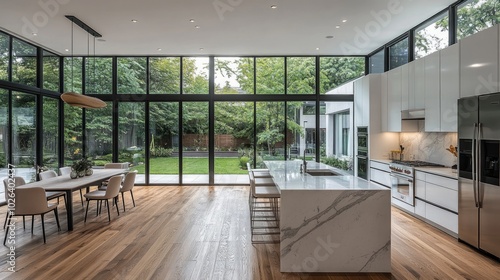 Wallpaper Mural Modern kitchen with large windows overlooking a backyard with a dining table and chairs. Torontodigital.ca