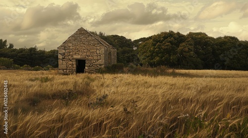 Ancient stone barn amidst vast fields of wheat