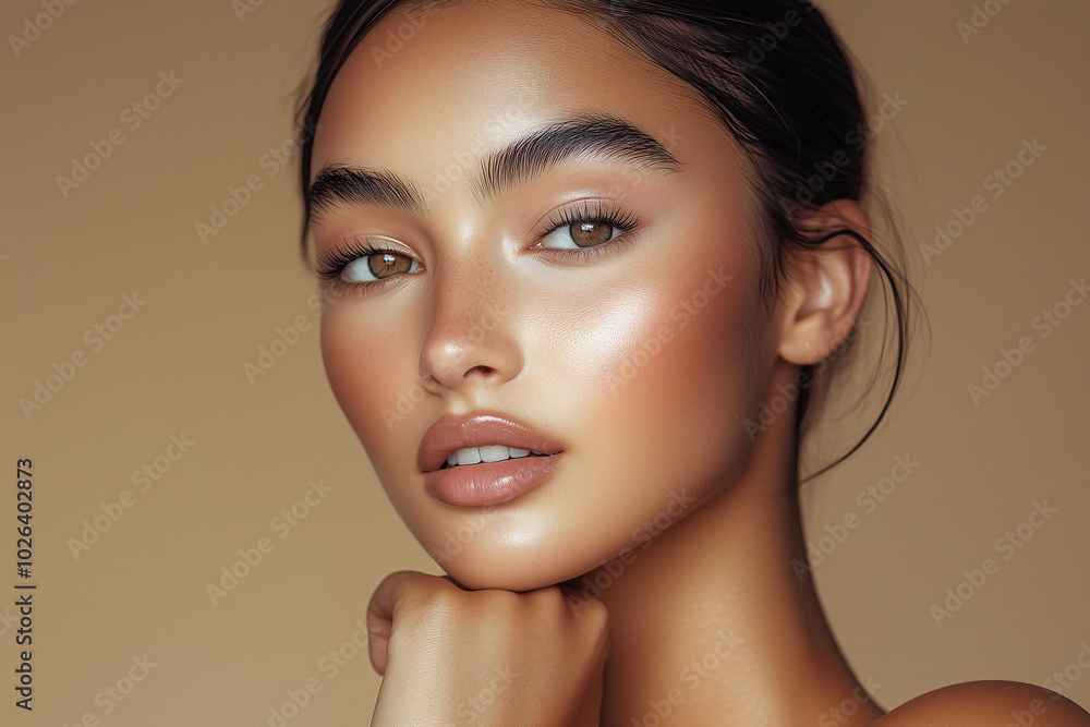 Wunderschöne Frau mit makellosem Gesicht und strahlend schöner Haut, Beauty Face für Kosmetikwerbung, Ebenmäßigen Teint durch perfekte Pflege Wunderschöne Frau mit makellosem Gesicht und strahlend schöner Haut, Beauty Face für Kosmetikwerbung, Ebenmäßigen Teint durch perfekte Pflege