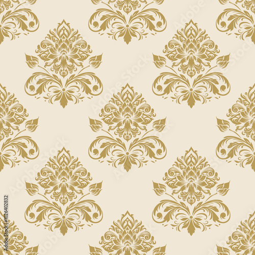 Luxurious seamless floral damask pattern in beige and gold tones, perfect for wallpaper, textiles, fabrics, interior design, vintage themes and luxury design elements.