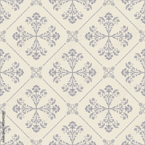 Seamless vintage damask tile pattern in soft pastel tones with ornate floral elements, perfect for wallpaper, textile design, interior decor, packaging, and elegant decorative projects.