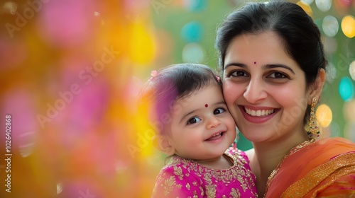 A young mother and her baby daughter smile at the camera, with a blurred background of colorful decorations.