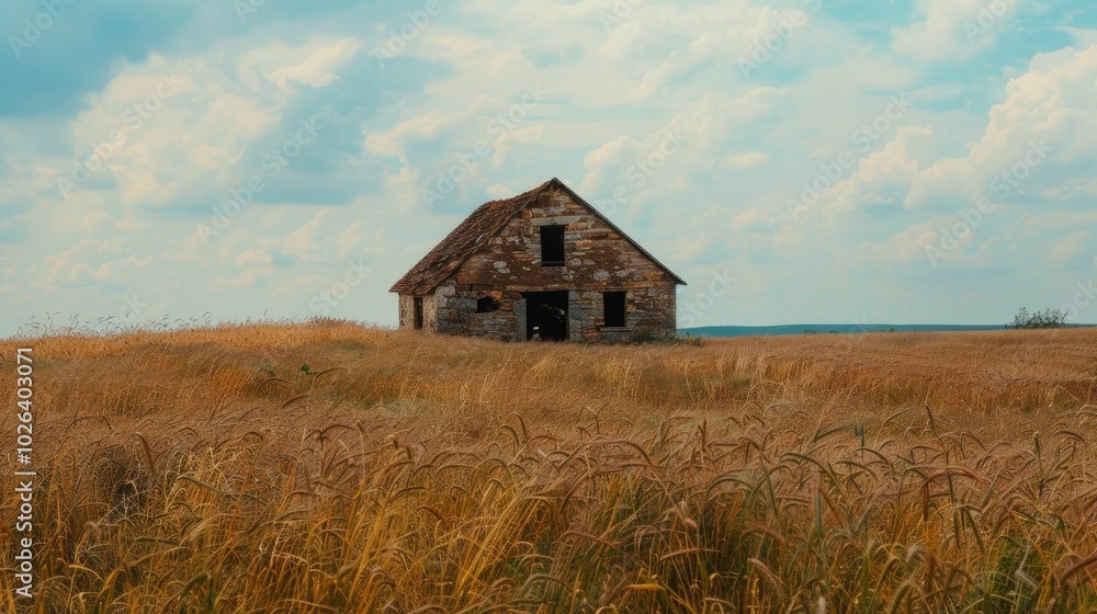 Ancient stone barn amidst vast fields of wheat Ancient stone barn amidst vast fields of wheat