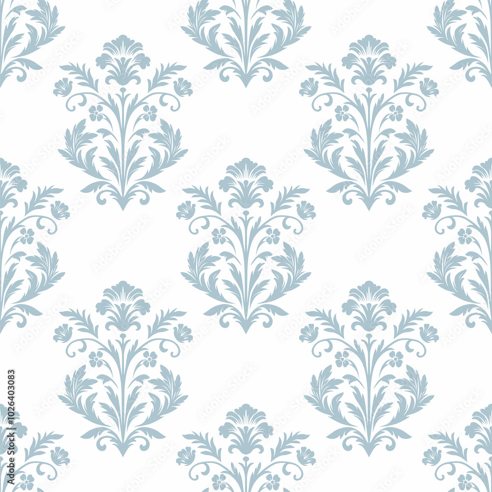 Luxurious seamless damask pattern in light blue tones, featuring delicate floral elements and intricate designs. Perfect for wallpapers, fabrics, interiors, textiles and classic design projects. Luxurious seamless damask pattern in light blue tones, featuring delicate floral elements and intricate designs. Perfect for wallpapers, fabrics, interiors, textiles and classic design projects.