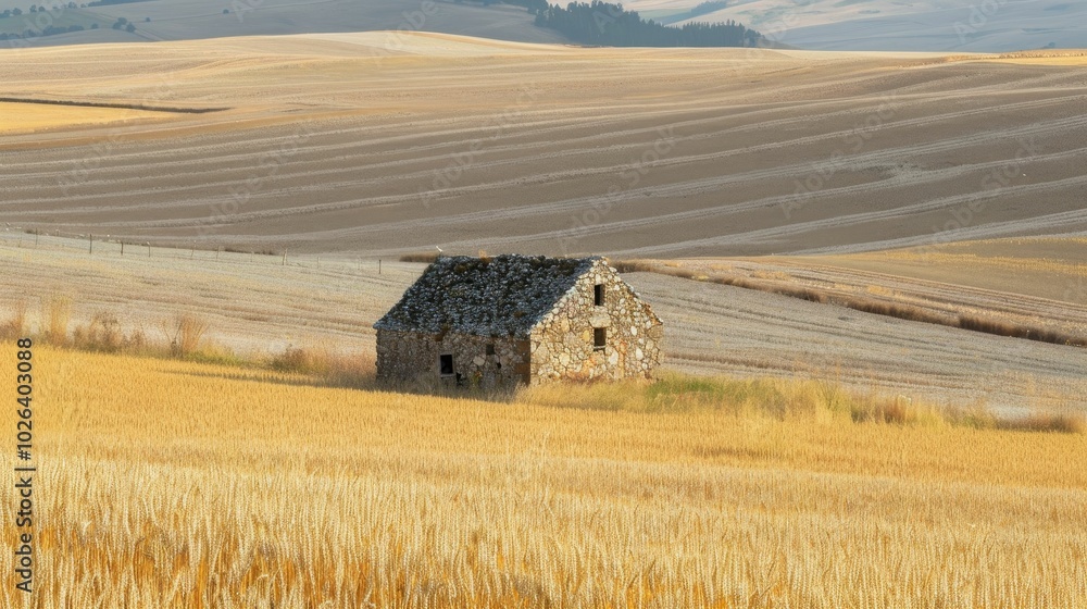 Ancient stone barn amidst vast fields of wheat Ancient stone barn amidst vast fields of wheat