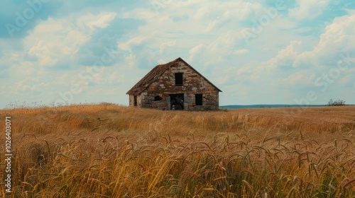 Ancient stone barn amidst vast fields of wheat