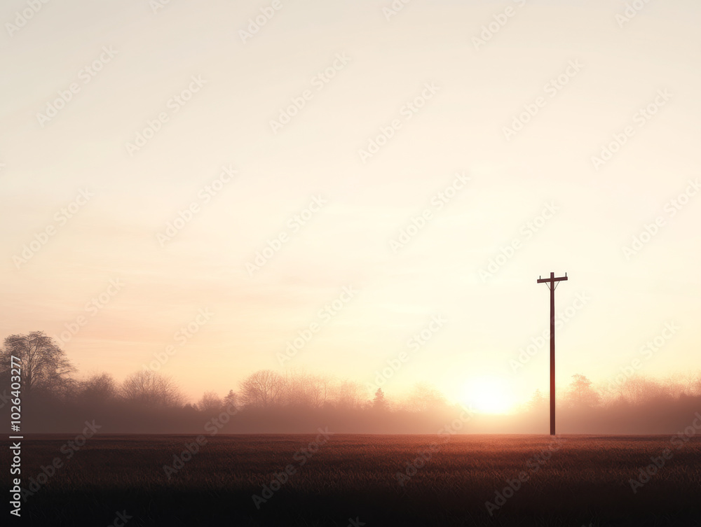 A solitary power pole stands against a serene sunrise in a misty rural landscape A solitary power pole stands against a serene sunrise in a misty rural landscape