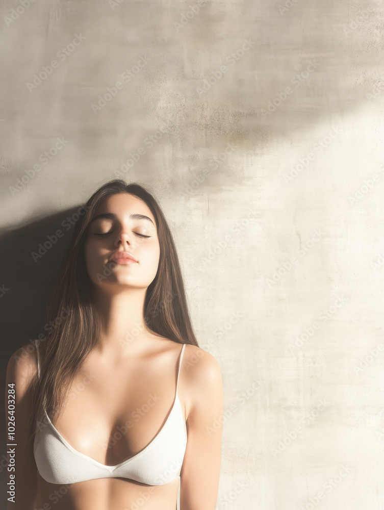 A woman enjoys peaceful relaxation while standing against a textured wall in soft natural light A woman enjoys peaceful relaxation while standing against a textured wall in soft natural light