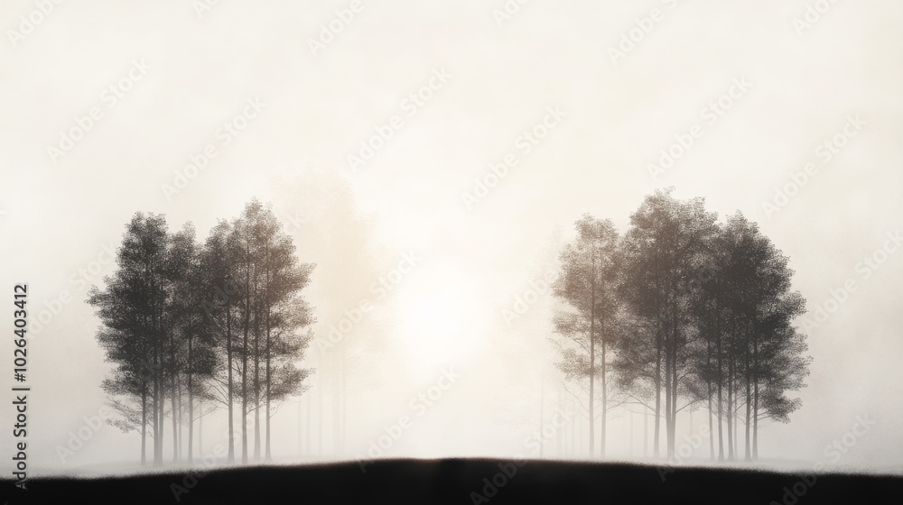 Misty morning landscape with silhouettes of trees in a serene rural setting at dawn Misty morning landscape with silhouettes of trees in a serene rural setting at dawn