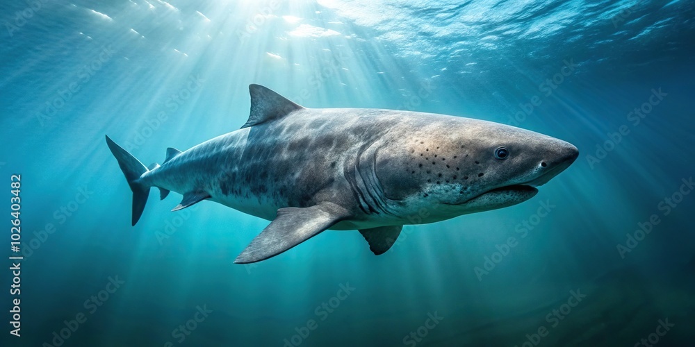 Fototapeta premium Image of a Greenland shark encounter in the deep sea, showing the asymmetrical features of the Somniosus microcephalus species.