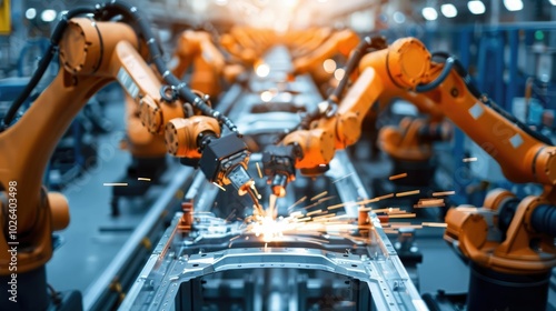 Array of automated welding robots in a car factory