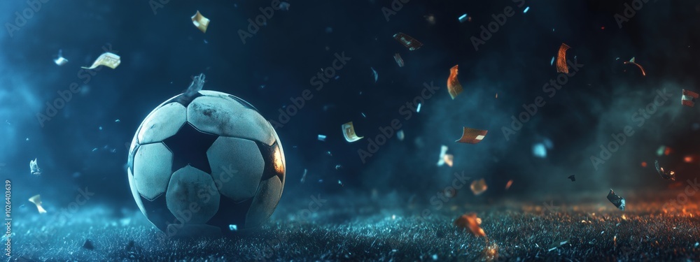 Dramatic soccer ball in motion with flying debris and atmospheric lighting. World Football Day Dramatic soccer ball in motion with flying debris and atmospheric lighting. World Football Day