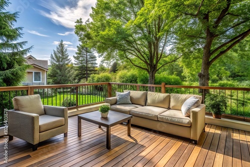 Outdoor relaxation area with sofa and chair on deck overlooking trees in yard behind