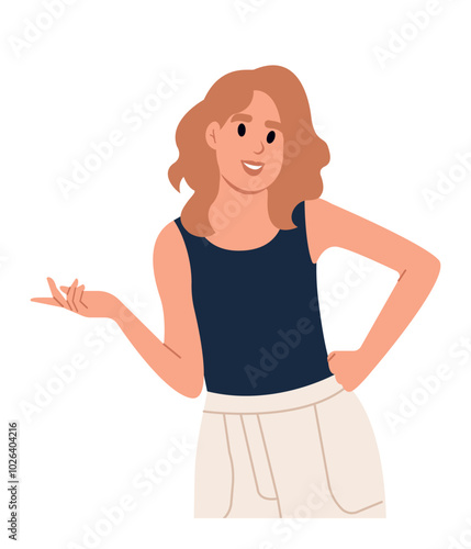 Person pointing and showing something with her hand. Vector flat illustration isolated on white background