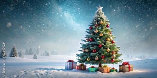 Winter landscape with Christmas tree and presents in snow