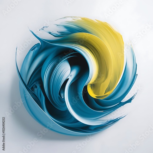 Abstract painting with blue and yellow paint strokes on white