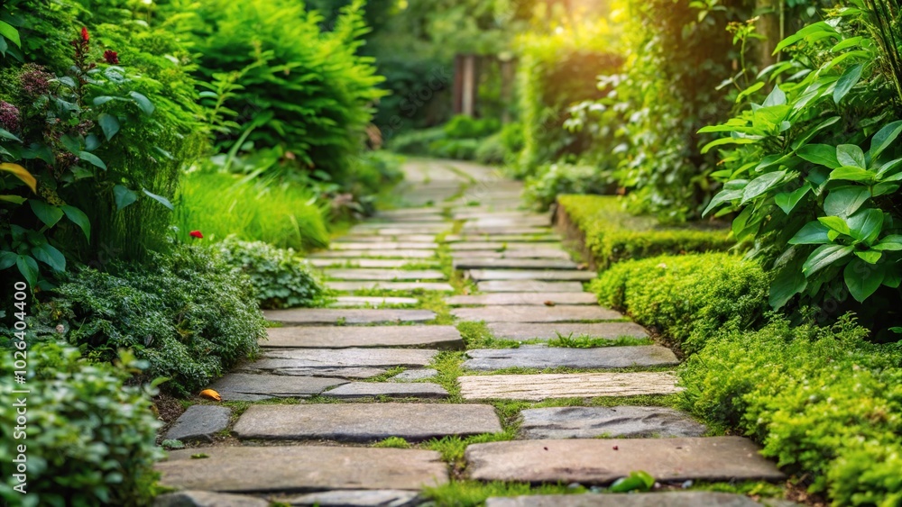 Overgrown path in garden reflected on paving stones Overgrown path in garden reflected on paving stones