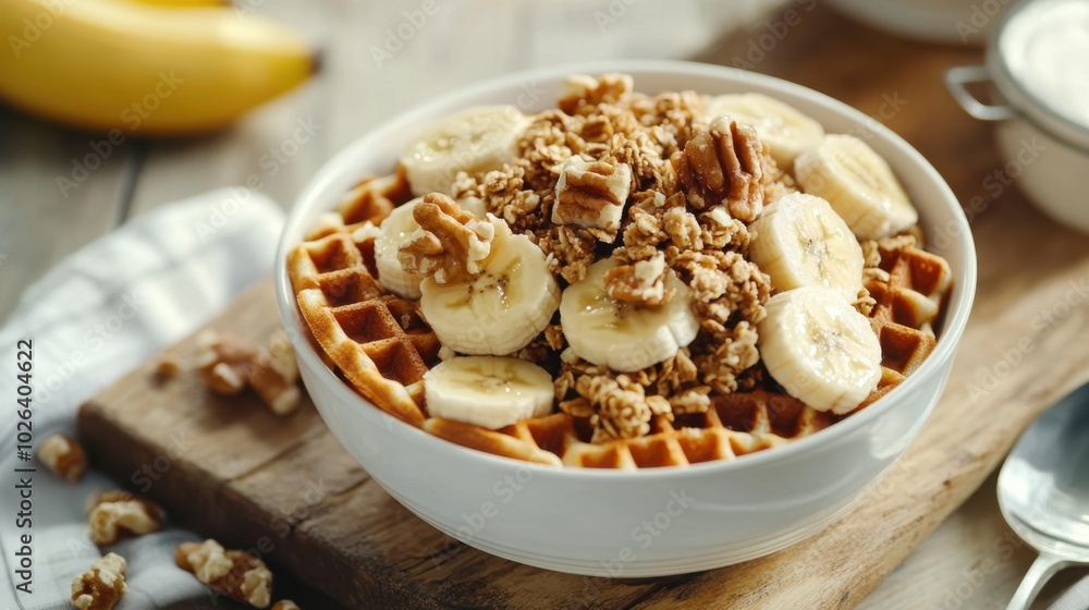 Bowl overflowing with delicious waffles, banana slices, and granola for breakfast Bowl overflowing with delicious waffles, banana slices, and granola for breakfast