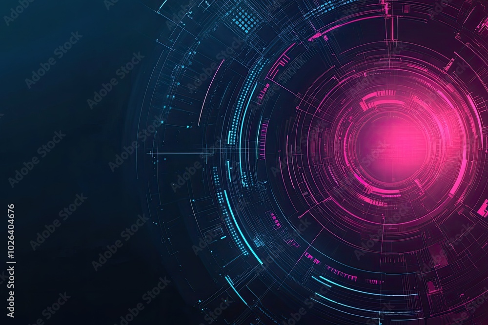 Fototapeta premium Abstract futuristic digital background with vibrant pink and blue circular patterns, representing technology and innovation.