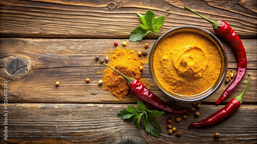 Overhead view of curry sauce and curry powder on wooden surface with shallow depth of field Overhead view of curry sauce and curry powder on wooden surface with shallow depth of field
